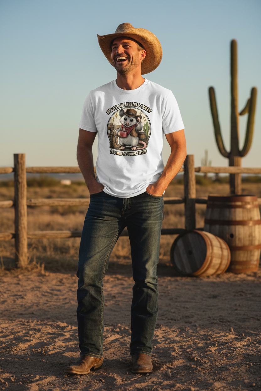 Crazy Cowboy Possum White Tee - Male Mockup