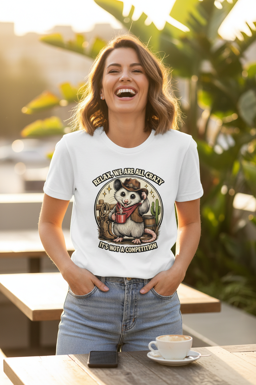 Crazy Cowboy Possum White Tee Mockup