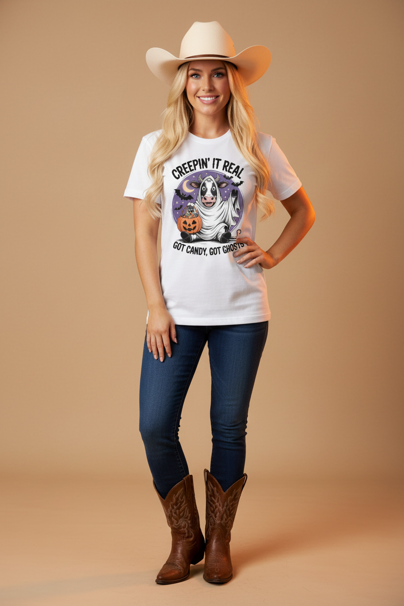 Creepin It Real - Cowgirl White Tee