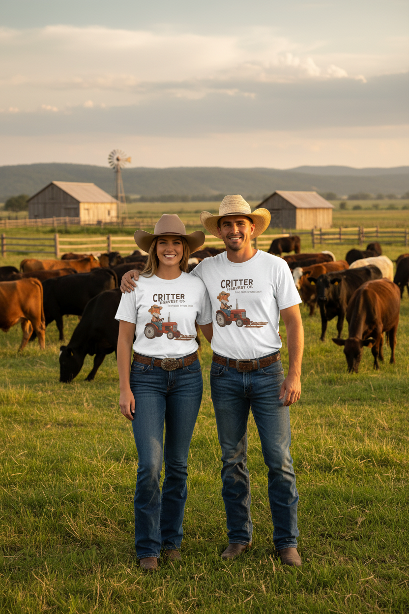 Critter Harvest Co. Tractor Tee - Cowgirl and Cowboy Ranch Mockup with Cows