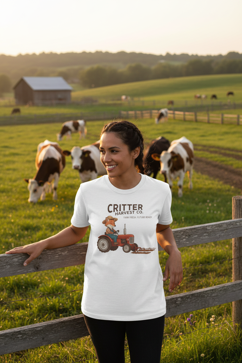 Critter Harvest Co. Tractor Tee - Lady on Farm with Cows Mockup