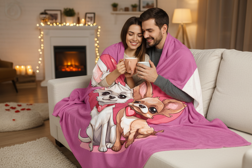 Cute Chihuahua Heart Blanket - Couple Mockup