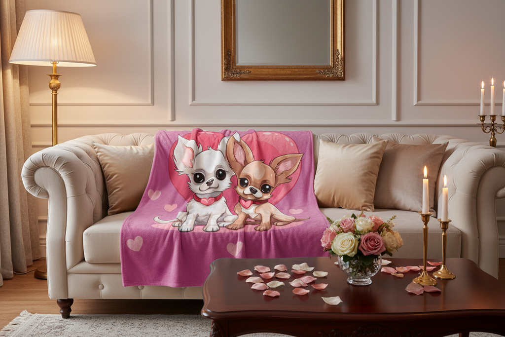 Cute Chihuahua Heart Blanket - Fancy Couch Mockup
