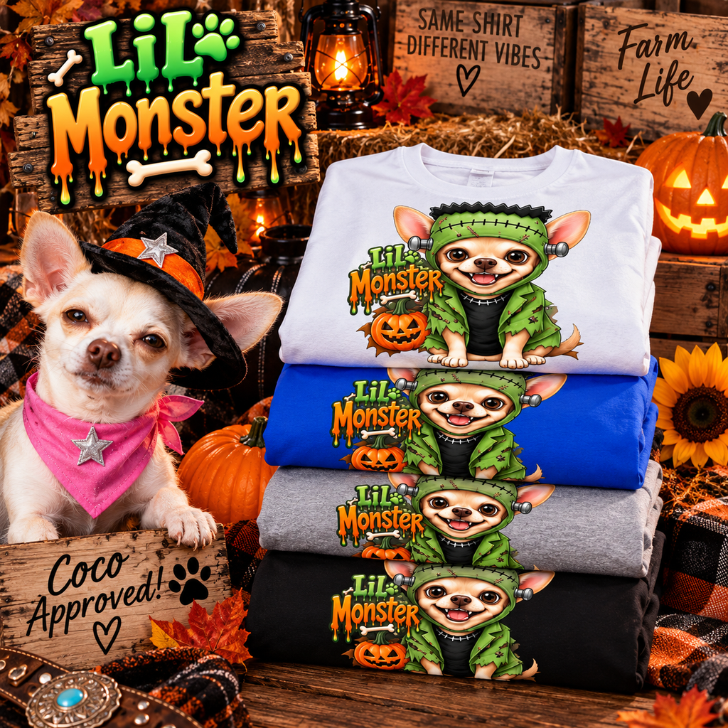 Lil Monster Chihuahua Halloween Ladies Tee   Inspired by Coco of Wolf Hill Ranch 🐾  🎃
