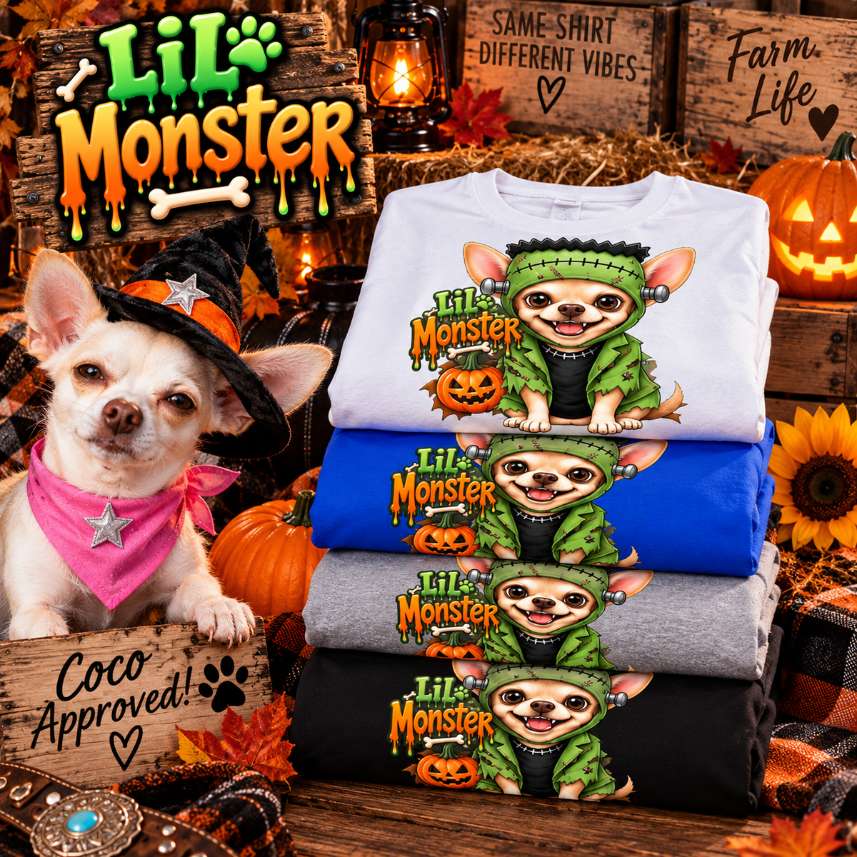 Lil Monster Chihuahua Halloween Ladies Tee   Inspired by Coco of Wolf Hill Ranch 🐾  🎃