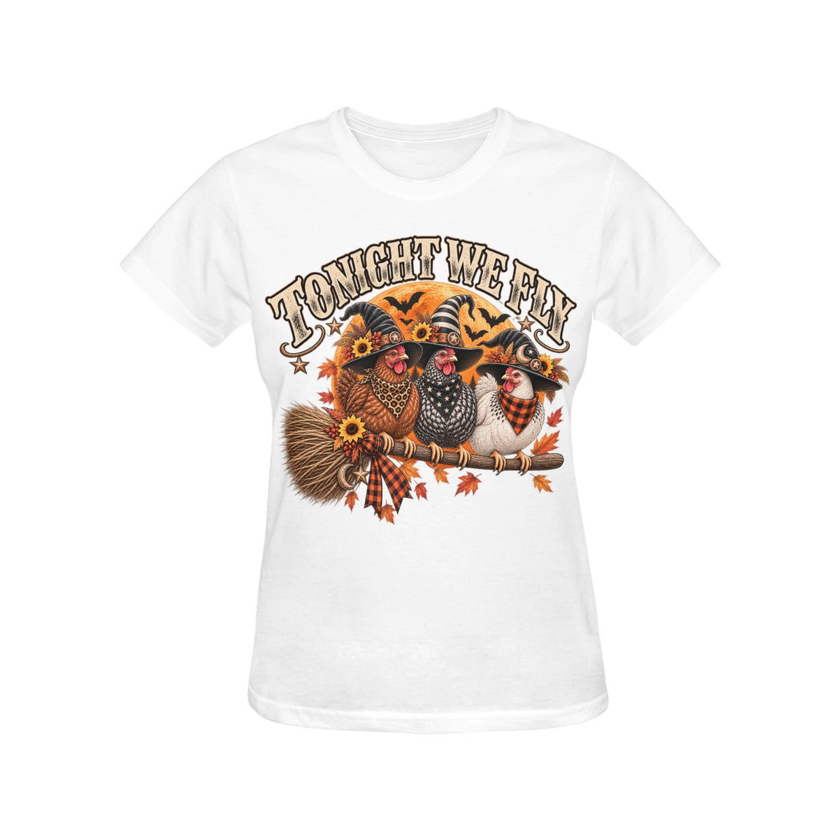 Tonight We Fly Witchy Hens Ladies Halloween T-Shirt Western Farm  (Ships to USA Only)