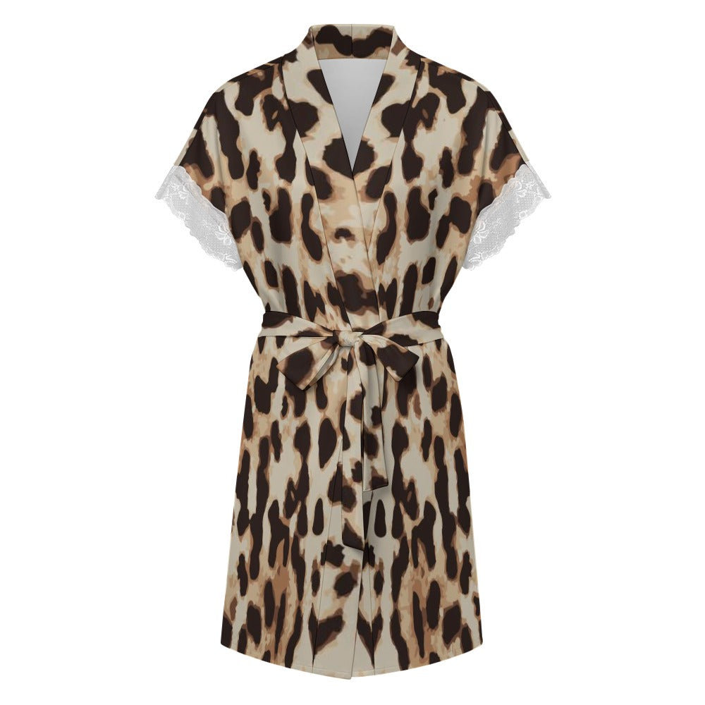 Wild Satin Seduction Women's lace-trimmed short-sleeved bathrobe with belt