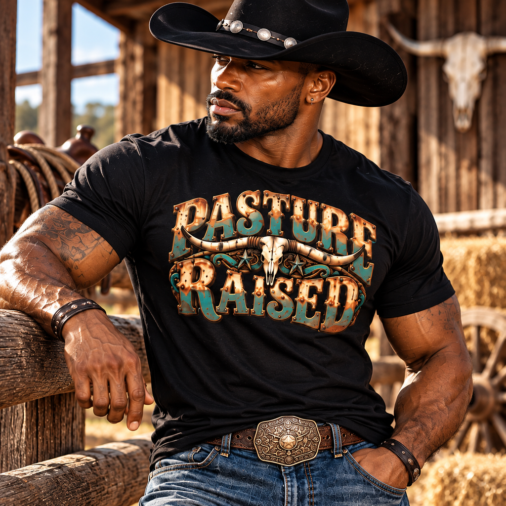Pasture Raised Men’s T-Shirt  Vintage Western Longhorn Skull Ranch Graphic Tee