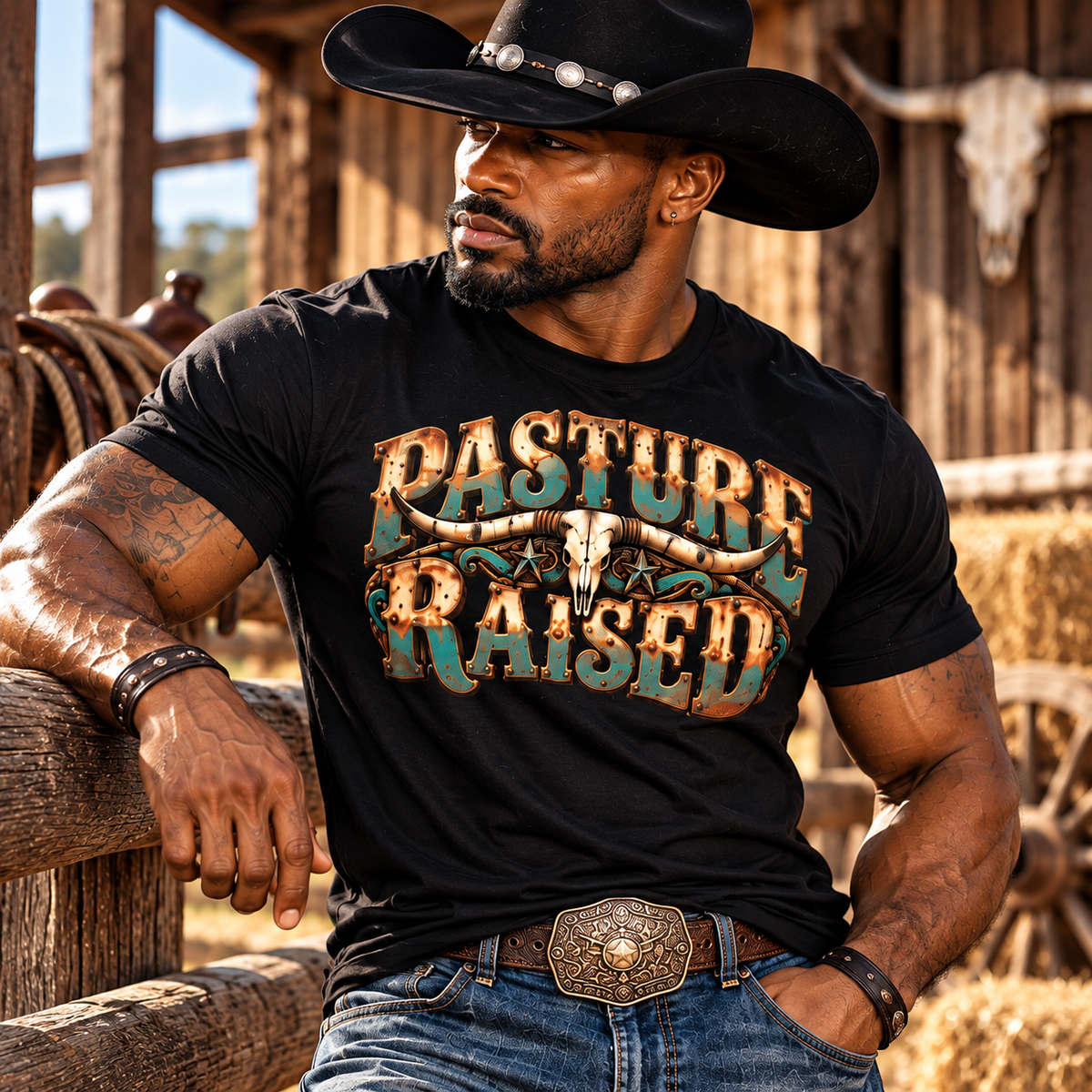 Pasture Raised Men’s T-Shirt  Vintage Western Longhorn Skull Ranch Graphic Tee