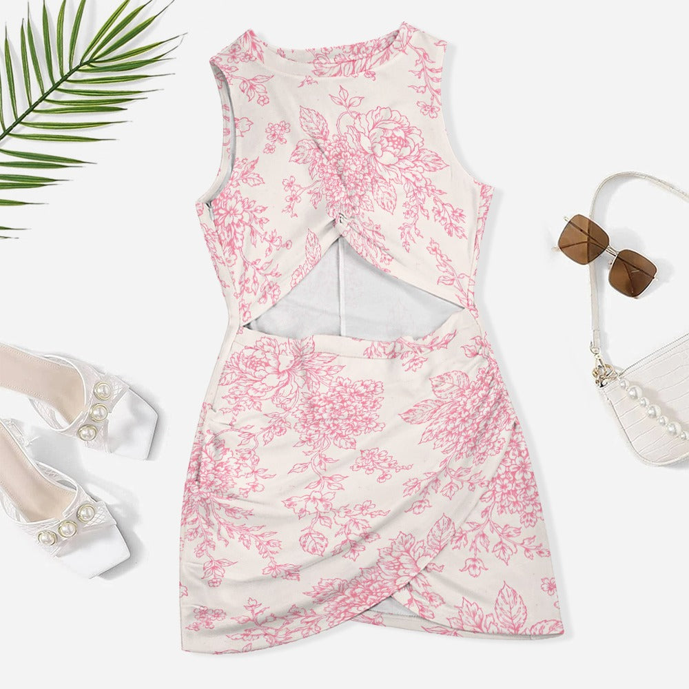 The Blush Garden Collection   Pink Toile Floral Print Navel-Baring Cross-Fit Hip Skirt