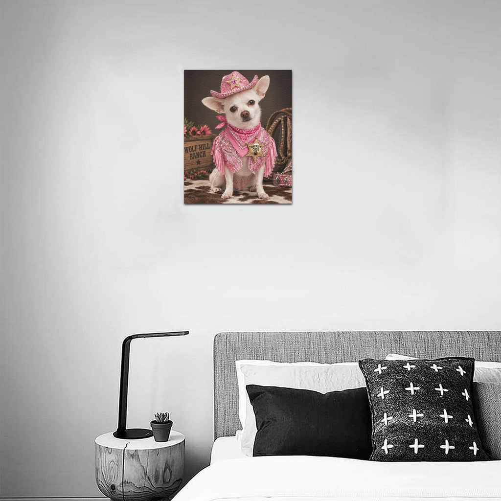 Frame Canvas Print 8"x10"(Made in USA)      Sheriff Coco Western Canvas Wall Art – Pink Cowgirl Chihuahua Ranch Decor – Western Dog Lover Home Decor
