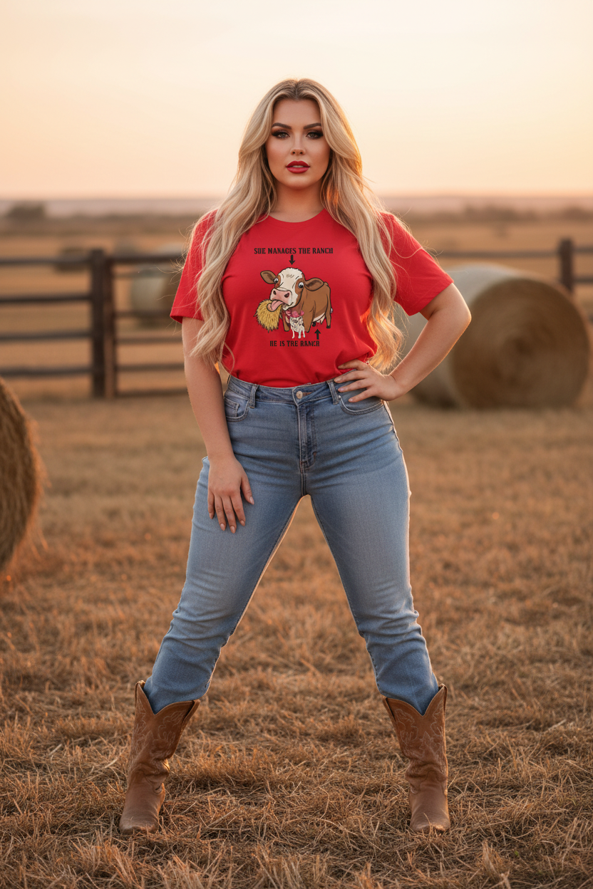 Dennis & Coco Tee - Red Shirt Cowgirl Mockup