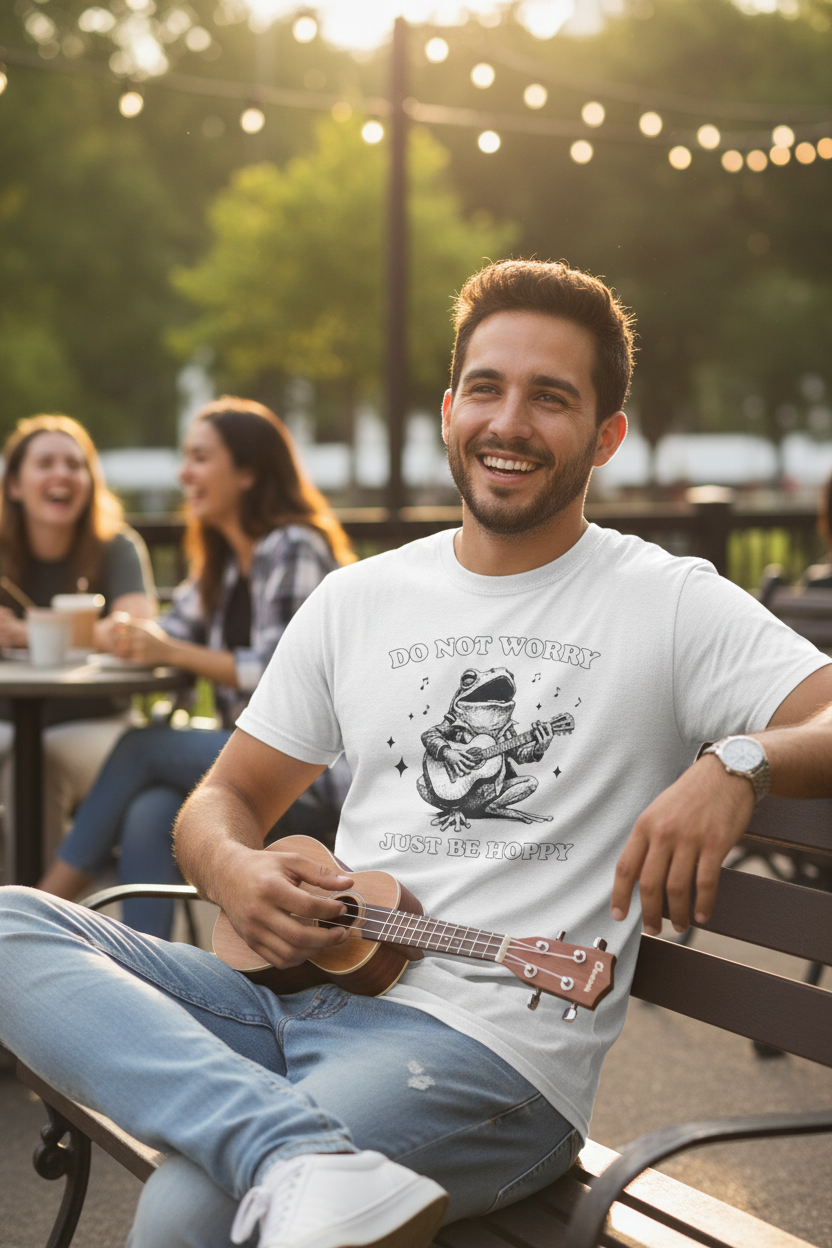 Do Not Worry Just Be Hoppy Frog Guitar Tee - Mockup