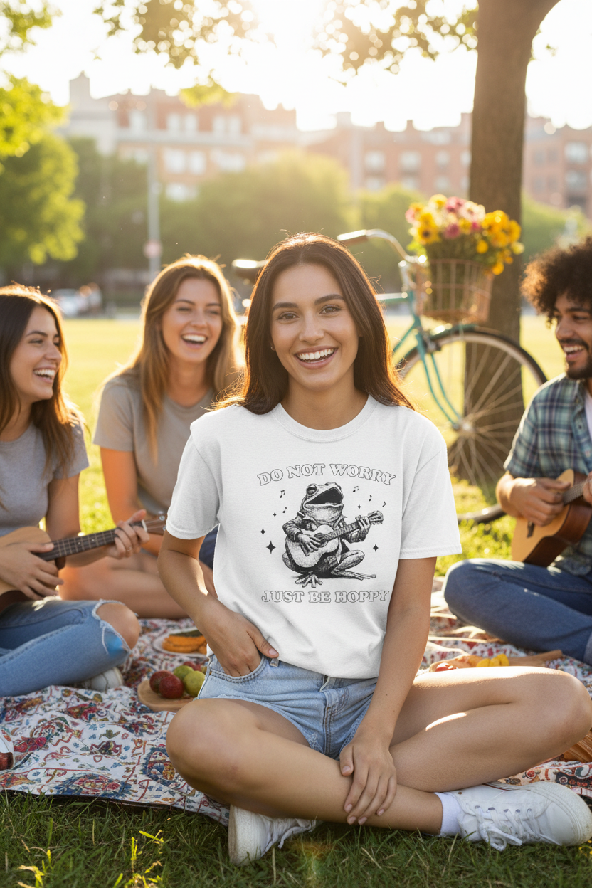 Do Not Worry Just Be Hoppy Frog Guitar Tee - Mockup