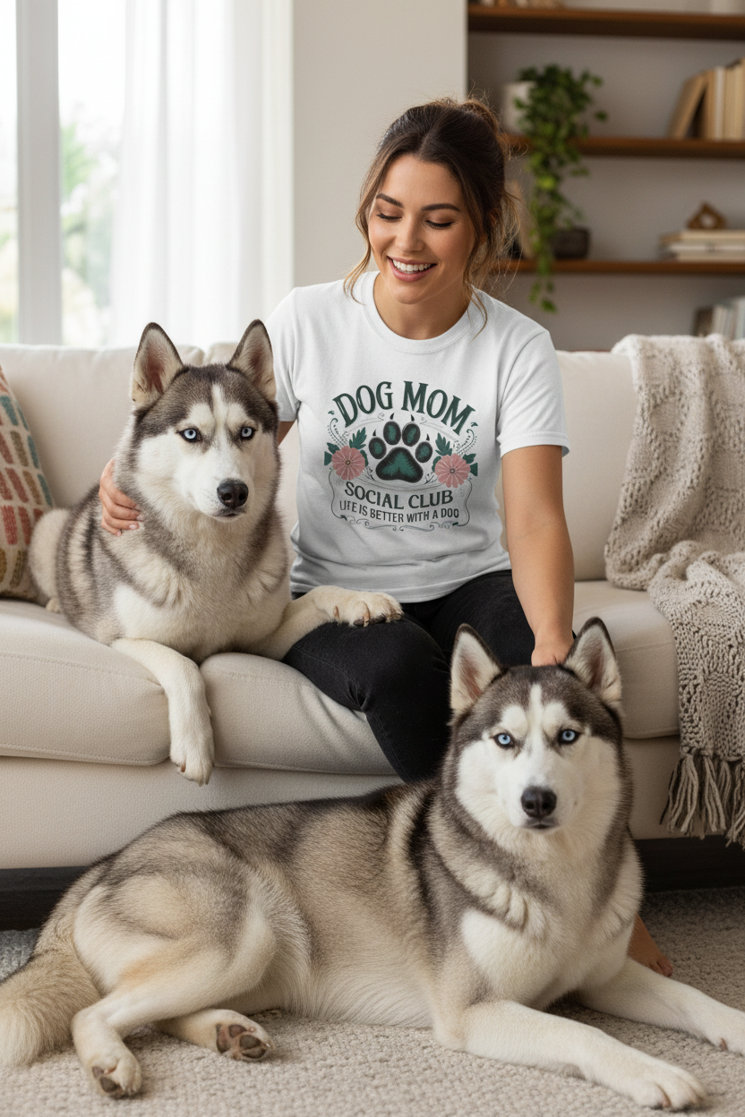 Dog Mom Social Club Tee - Mockup with Two Blue-Eyed Huskies
