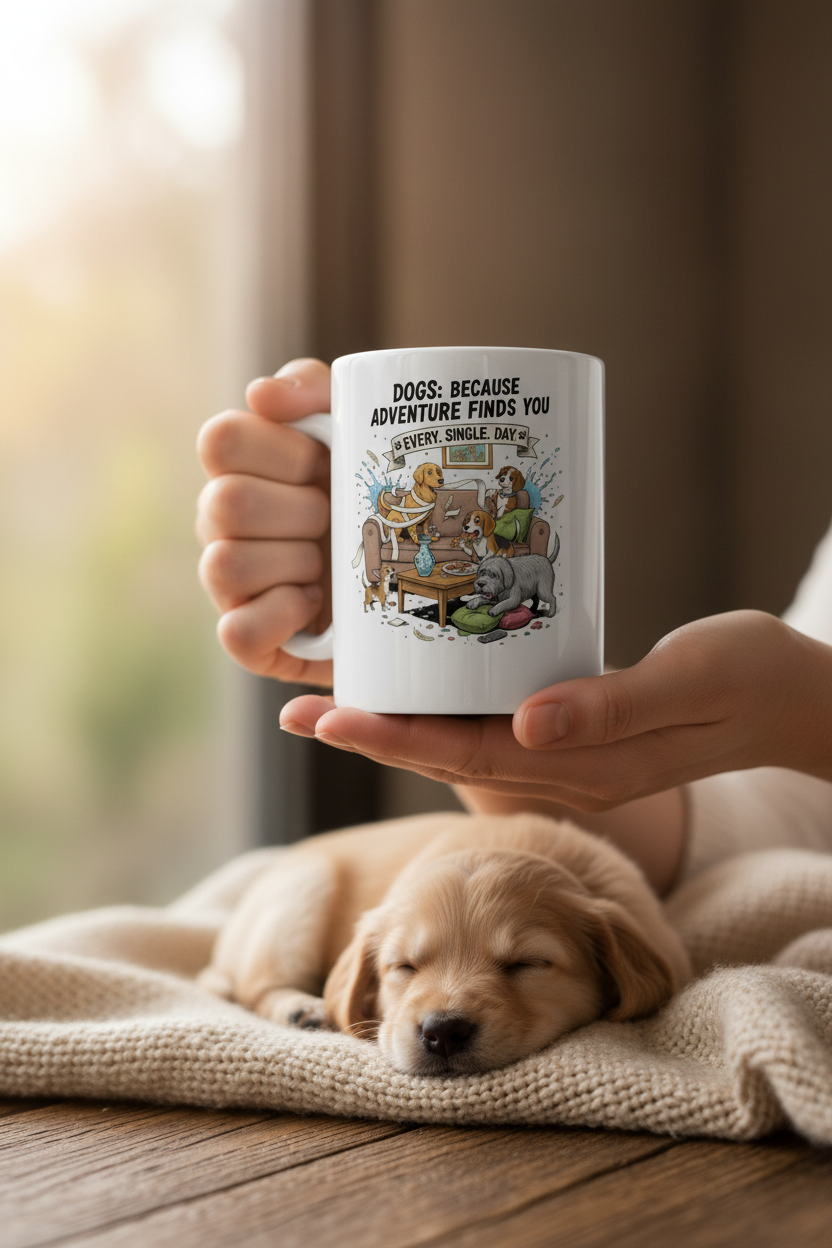 Dogs Because Adventure Finds You Mug - Close-Up Mockup