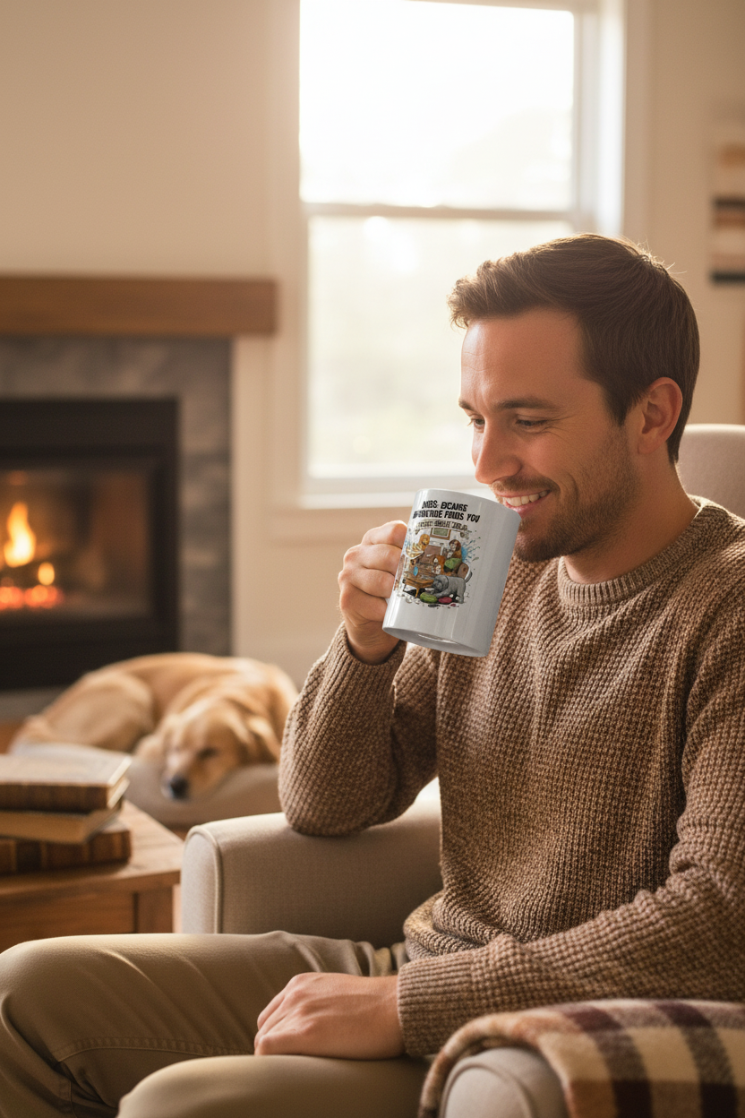 Dogs Because Adventure Finds You Mug - Man Drinking Mockup