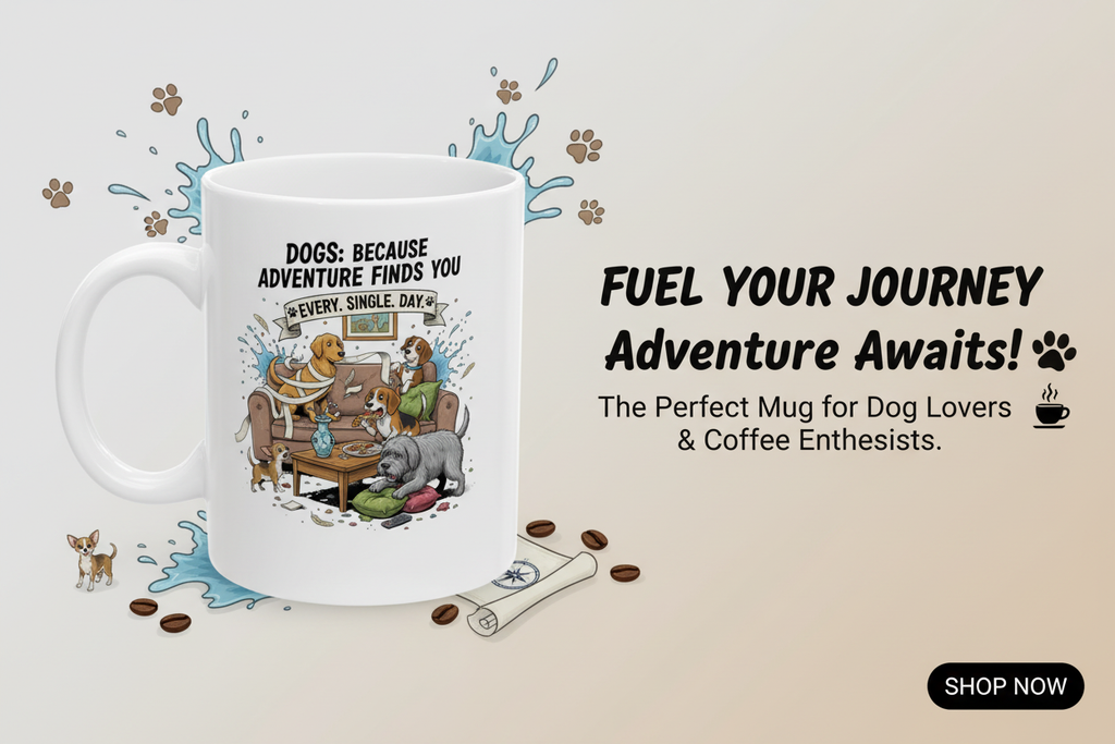 Dogs Because Adventure Finds You Mug - Sales Banner