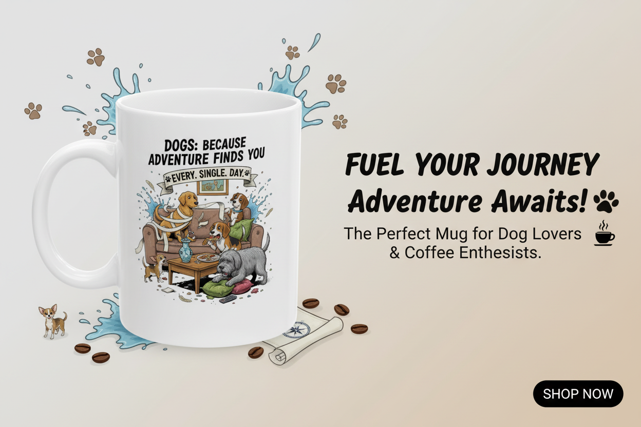 Dogs Because Adventure Finds You Mug - Sales Banner
