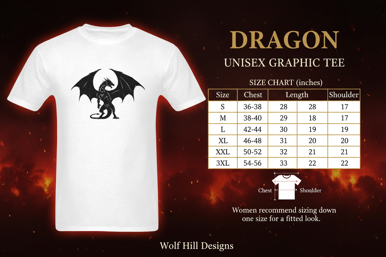 Dragon Tee - Size Chart with Real Artwork