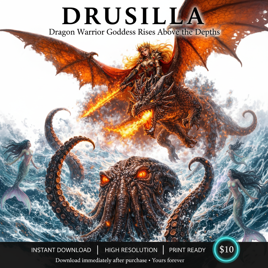 Drusilla Dragon Warrior Goddess Rises Above the Depths Sales Ad