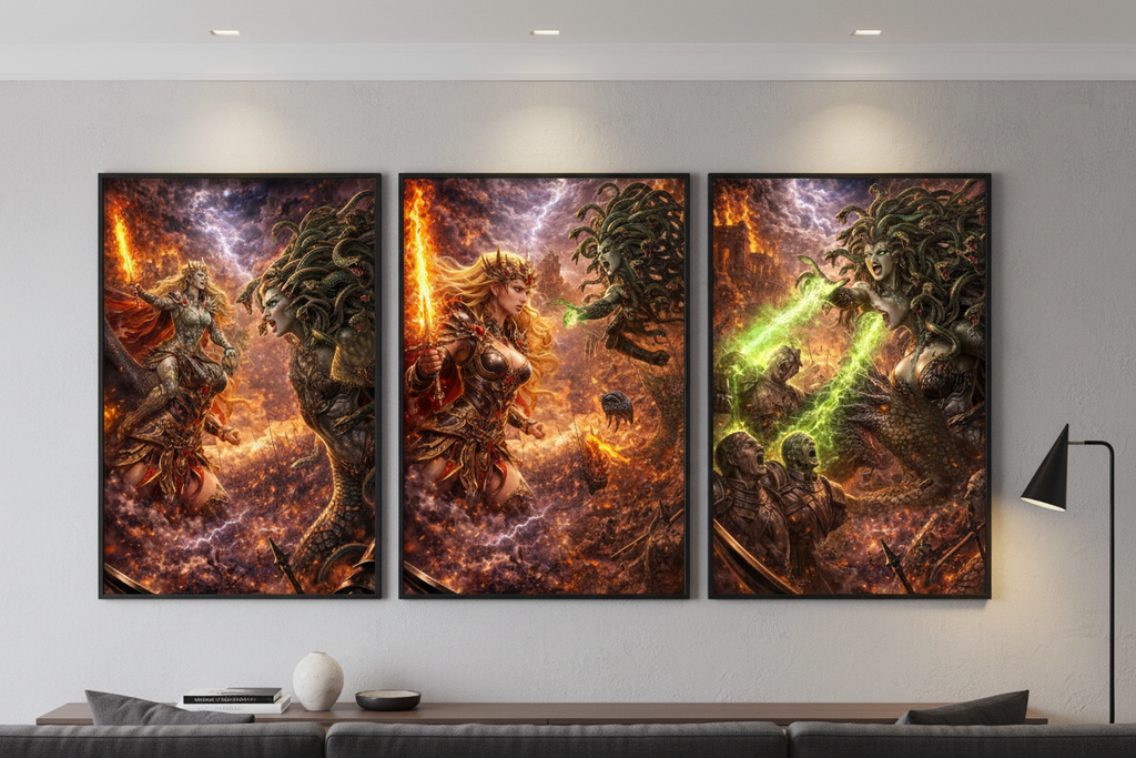 Drusilla Goddess of Fire VS Gorgon Queen Wall Mockup