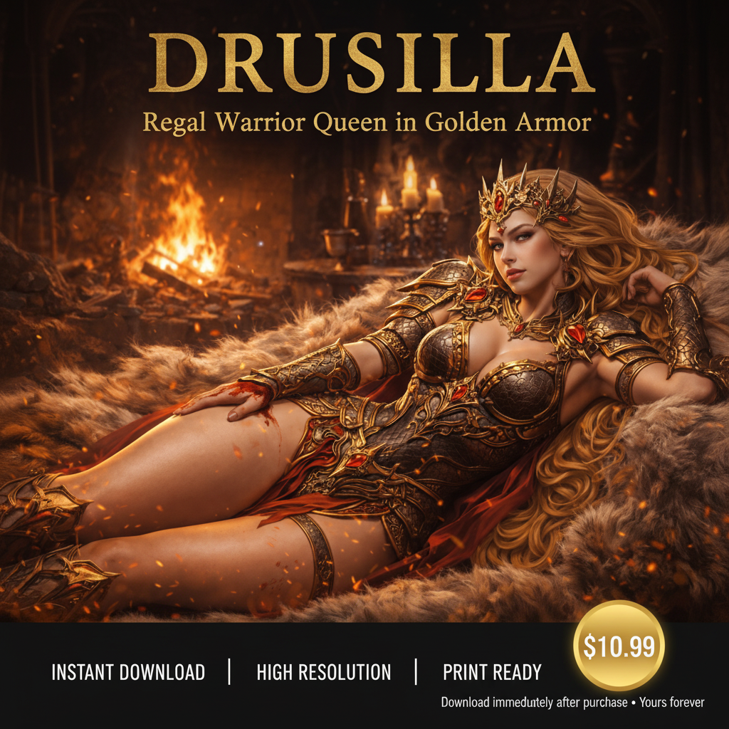 Drusilla Regal Warrior Queen Golden Armor Social Media Ad