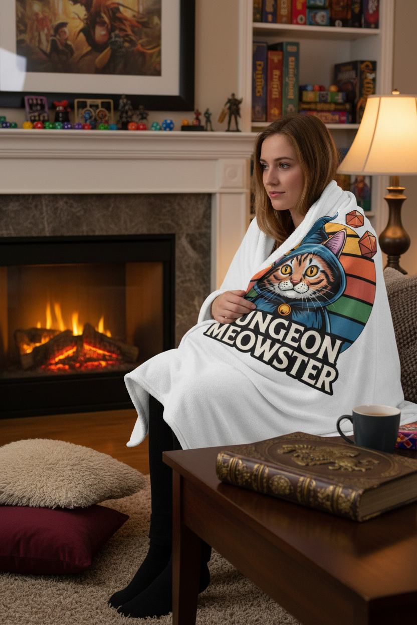 Dungeon Meowster Blanket - Woman Holding Mockup