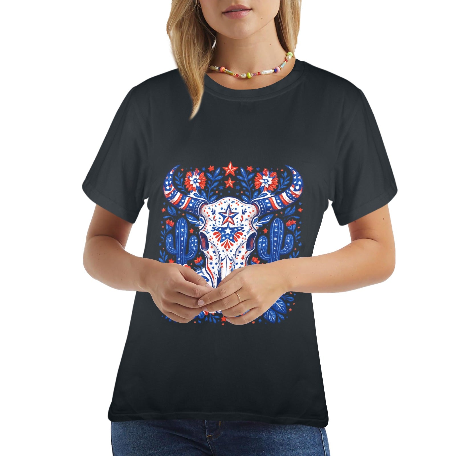 Patriotic Bull Skull T-Shirt — Western Folk Art Floral Longhorn Tee