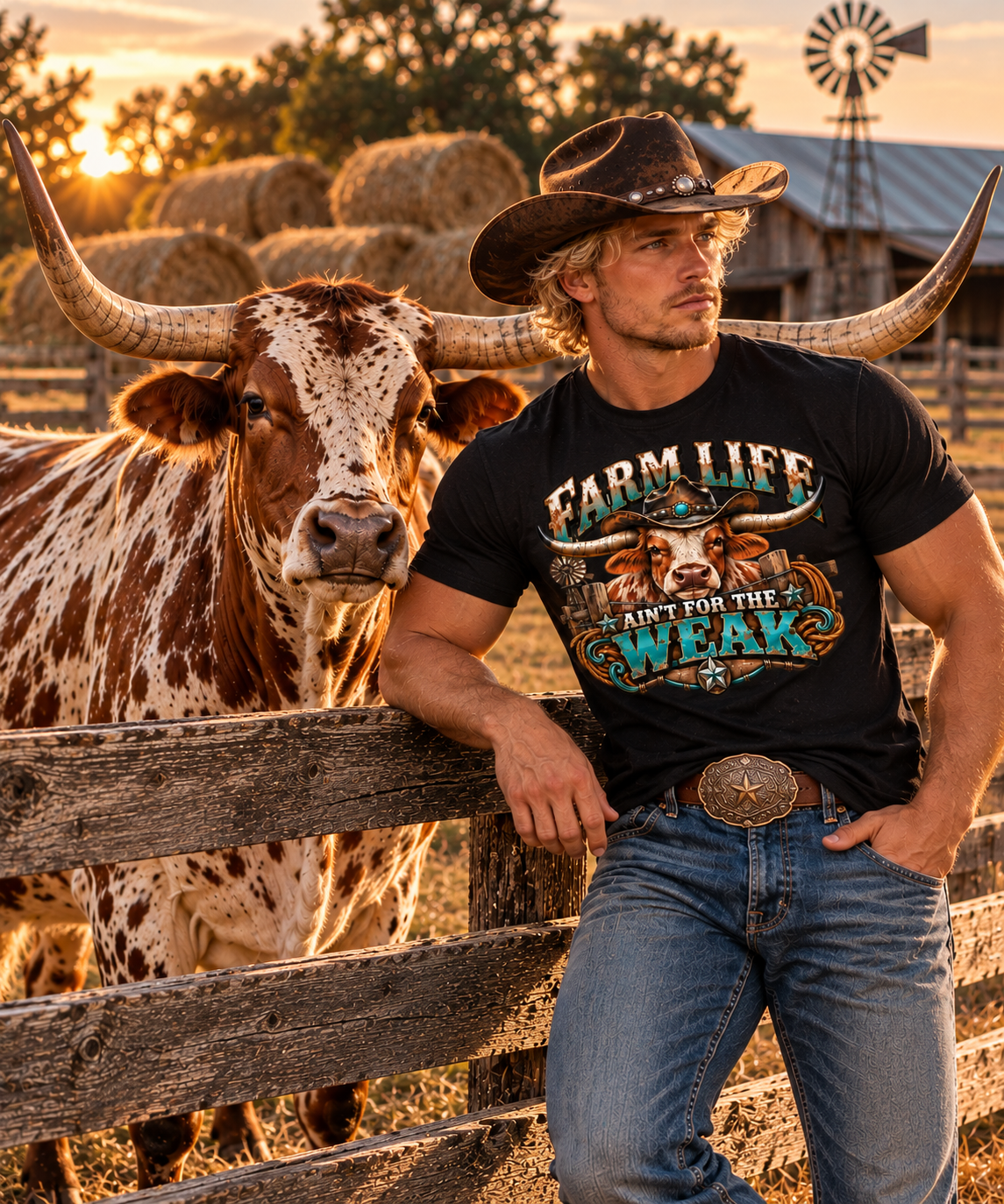 Farm Life Ain’t for the Weak Men’s Western T-Shirt – Longhorn Cowboy Ranch Graphic Tee