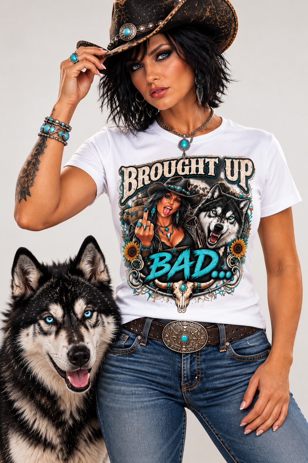 Brought Up Bad Unisex T-Shirt – Rebel Cowgirl & Wolf Western Graphic Tee