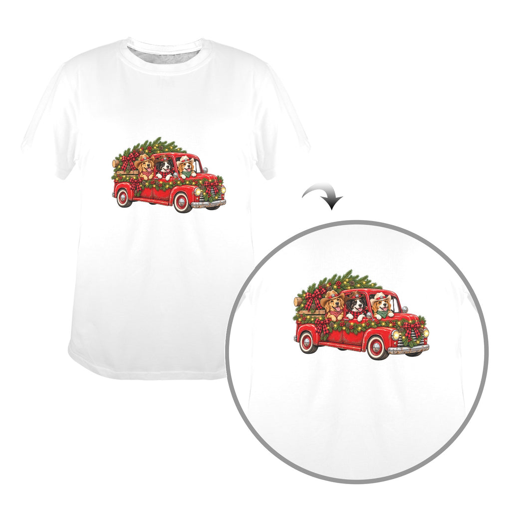 Christmas Pups on the Ranch Ladies Tee – Vintage Red Truck Western Holiday Dog Lovers