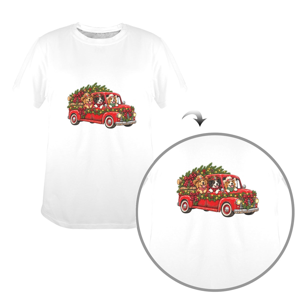 Christmas Pups on the Ranch Ladies Tee – Vintage Red Truck Western Holiday Dog Lovers