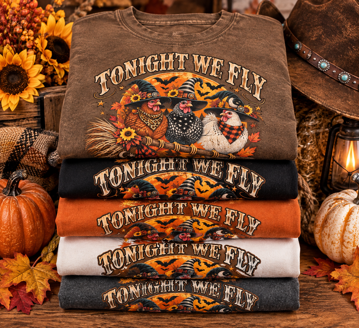 Tonight We Fly Witchy Hens Ladies Halloween T-Shirt Western Farm  (Ships to USA Only)