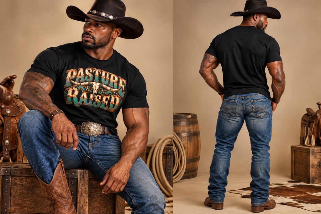 Pasture Raised Men’s T-Shirt  Vintage Western Longhorn Skull Ranch Graphic Tee