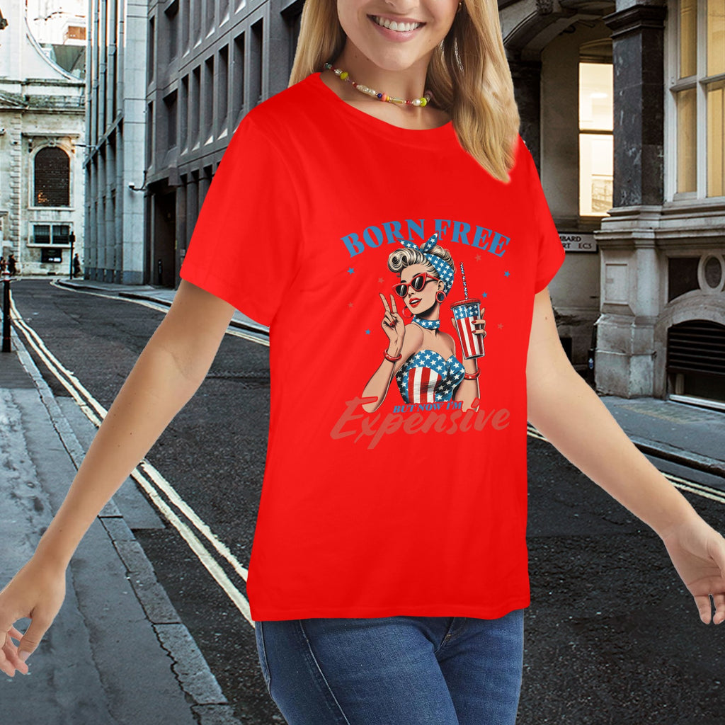 Born Free But Now I'm Expensive  Patriotic Pin-Up Graphic T-Shirt ladies