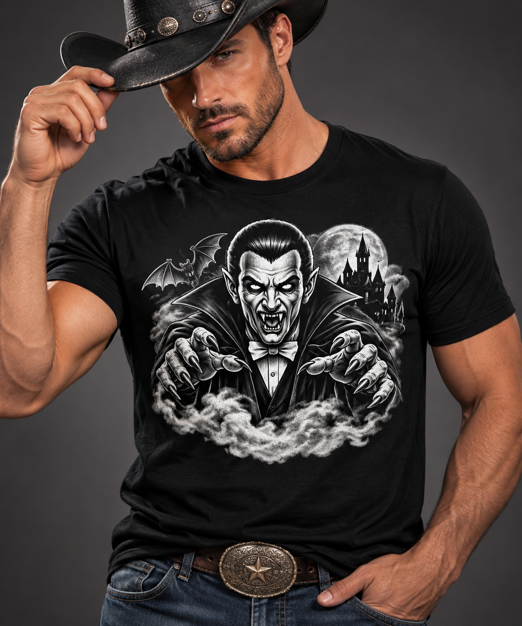 Vintage Vampire Unisex T-Shirt | Gothic Dracula Halloween Tee | Retro Horror Vampire Shirt | Spooky Castle & Bats Graphic Tee