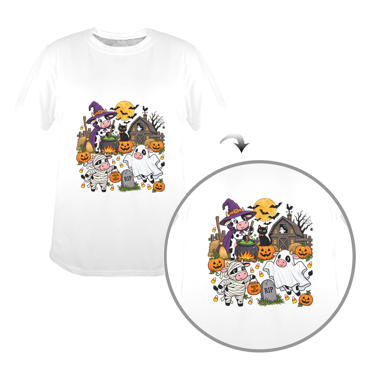 Spooky Farm Halloween Cows Women’s T-Shirt  Cute Trick or Treat Cow Tee