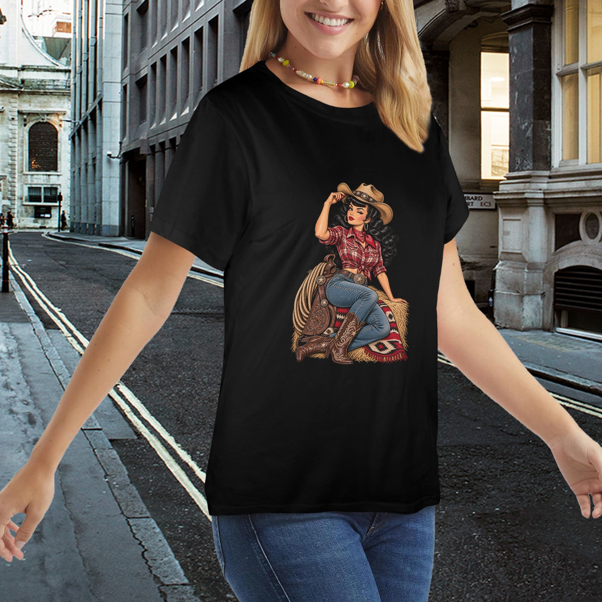 Red Plaid Rebel Cowgirl Women's T-Shirt — Retro Western Pin-Up Graphic Tee