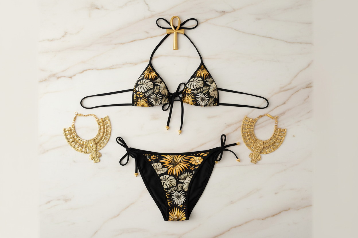 Egyptian-inspired bikini suit elegant flat lay