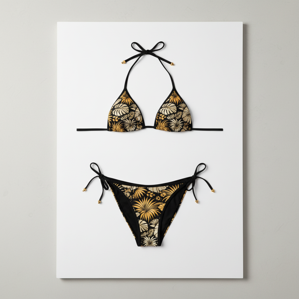 Egyptian-inspired bikini suit flat lay