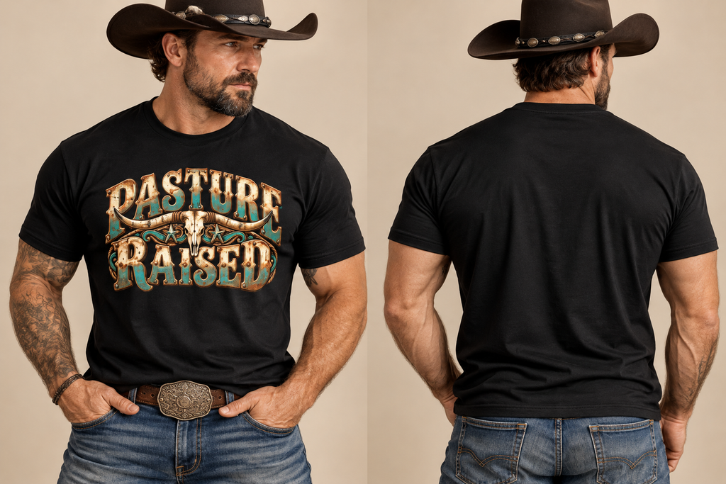 Pasture Raised Men’s T-Shirt  Vintage Western Longhorn Skull Ranch Graphic Tee