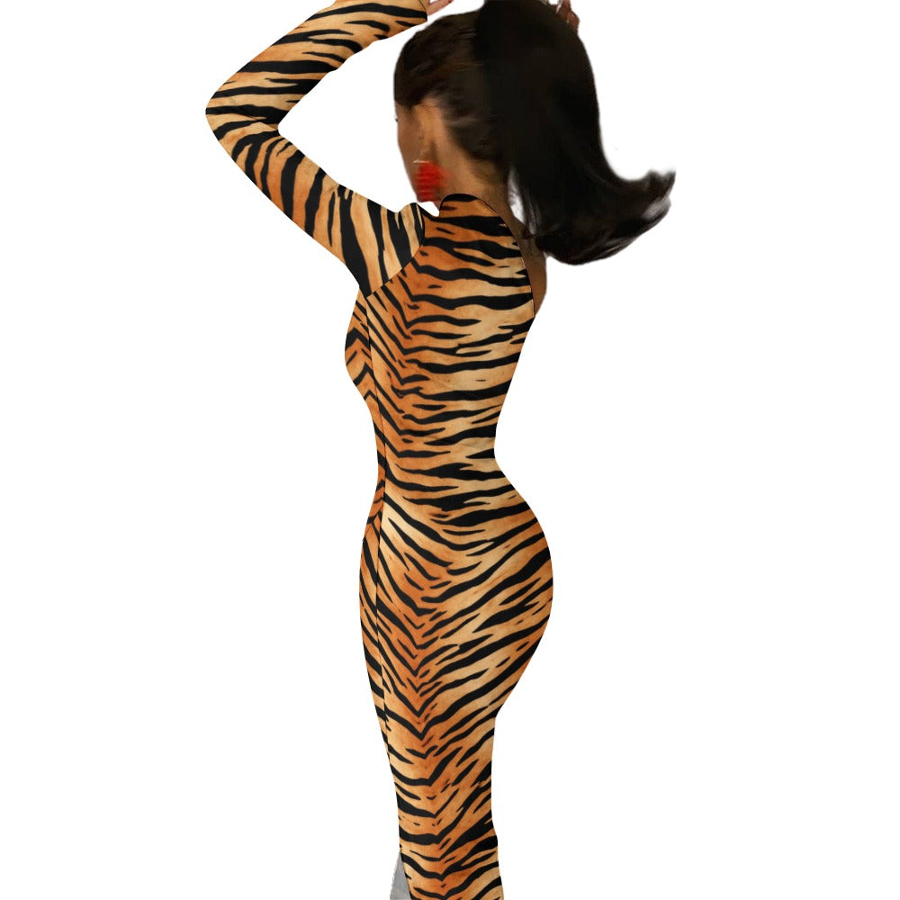 After Dark Tiger Midi Dress  One-Shoulder Slit Dress
