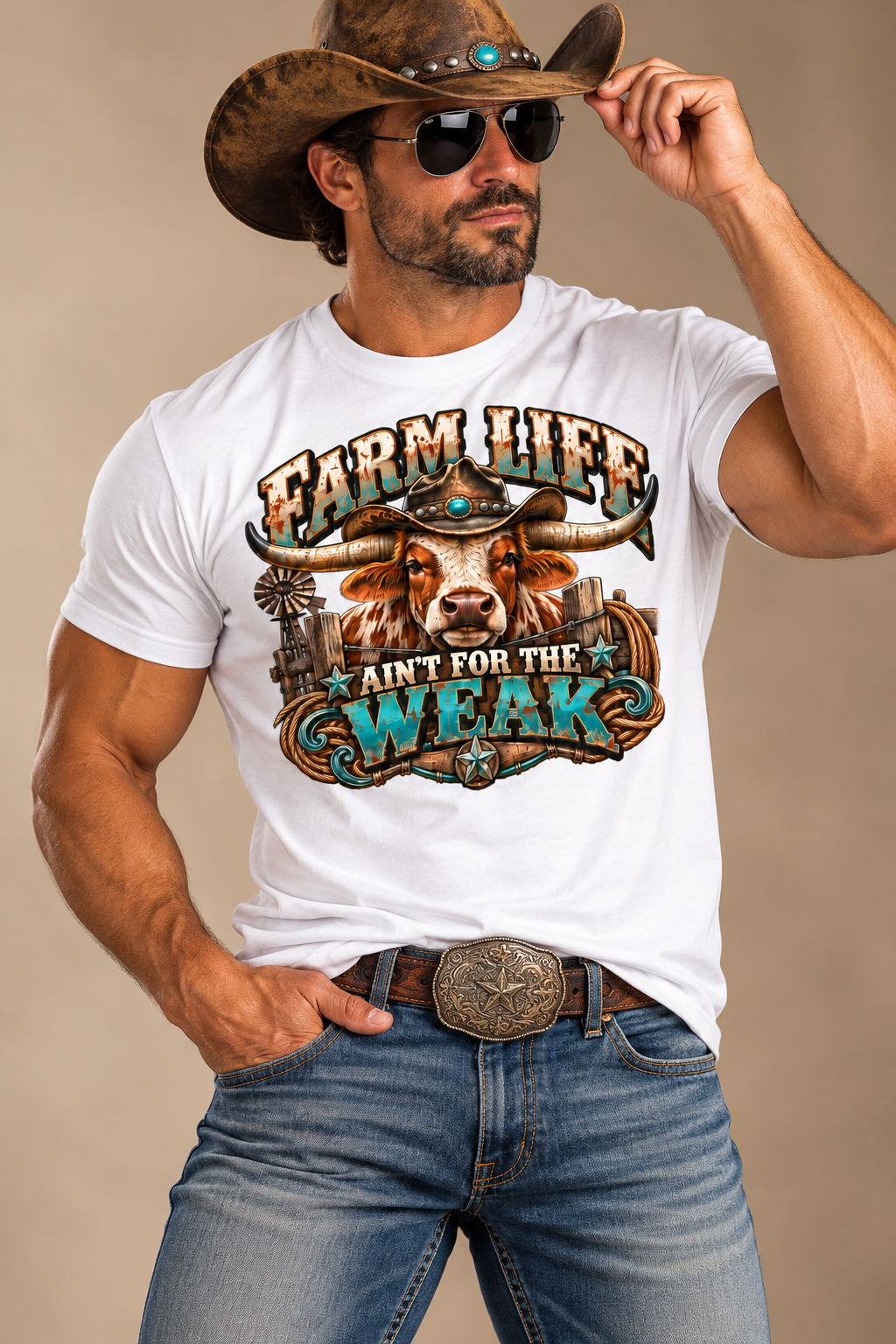 Farm Life Ain’t for the Weak Men’s Western T-Shirt – Longhorn Cowboy Ranch Graphic Tee