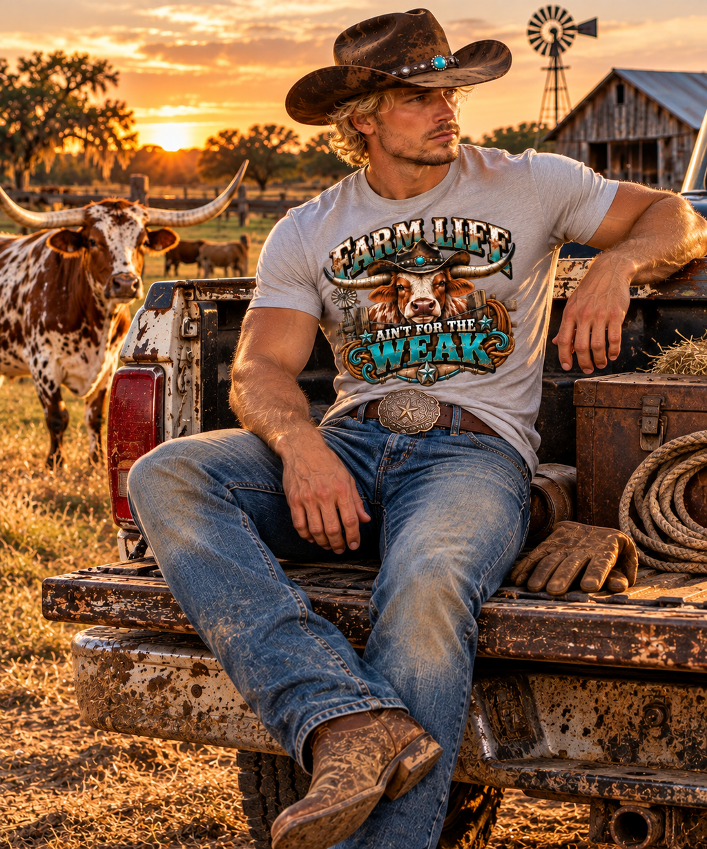 Farm Life Ain’t for the Weak Men’s Western T-Shirt – Longhorn Cowboy Ranch Graphic Tee
