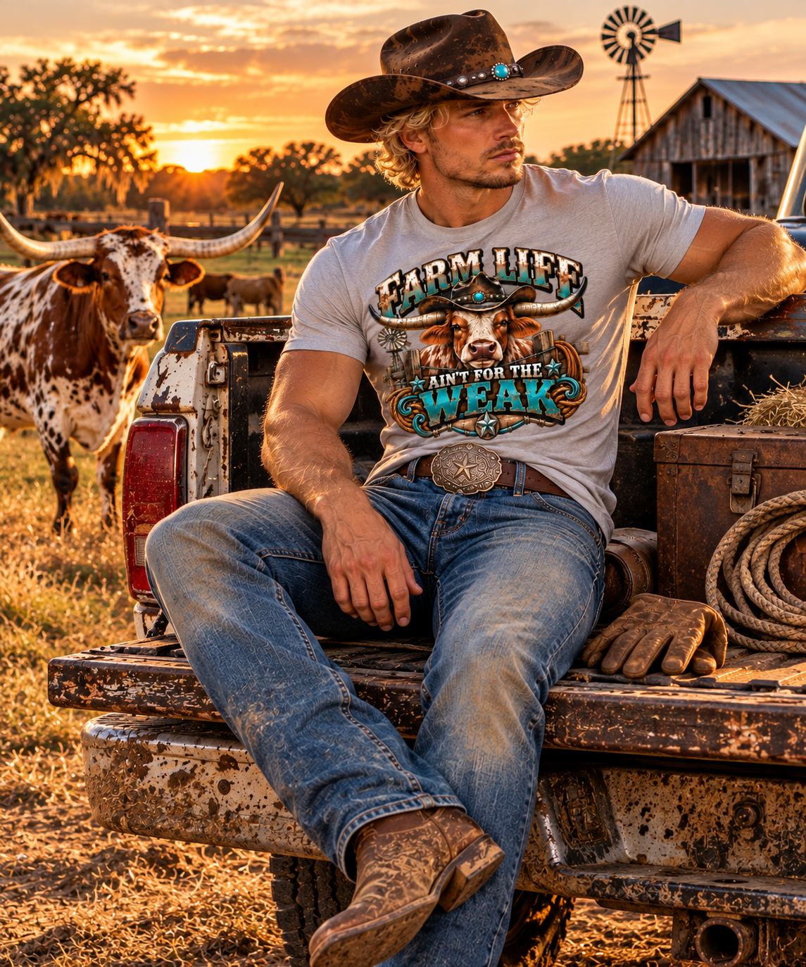 Farm Life Ain’t for the Weak Men’s Western T-Shirt – Longhorn Cowboy Ranch Graphic Tee