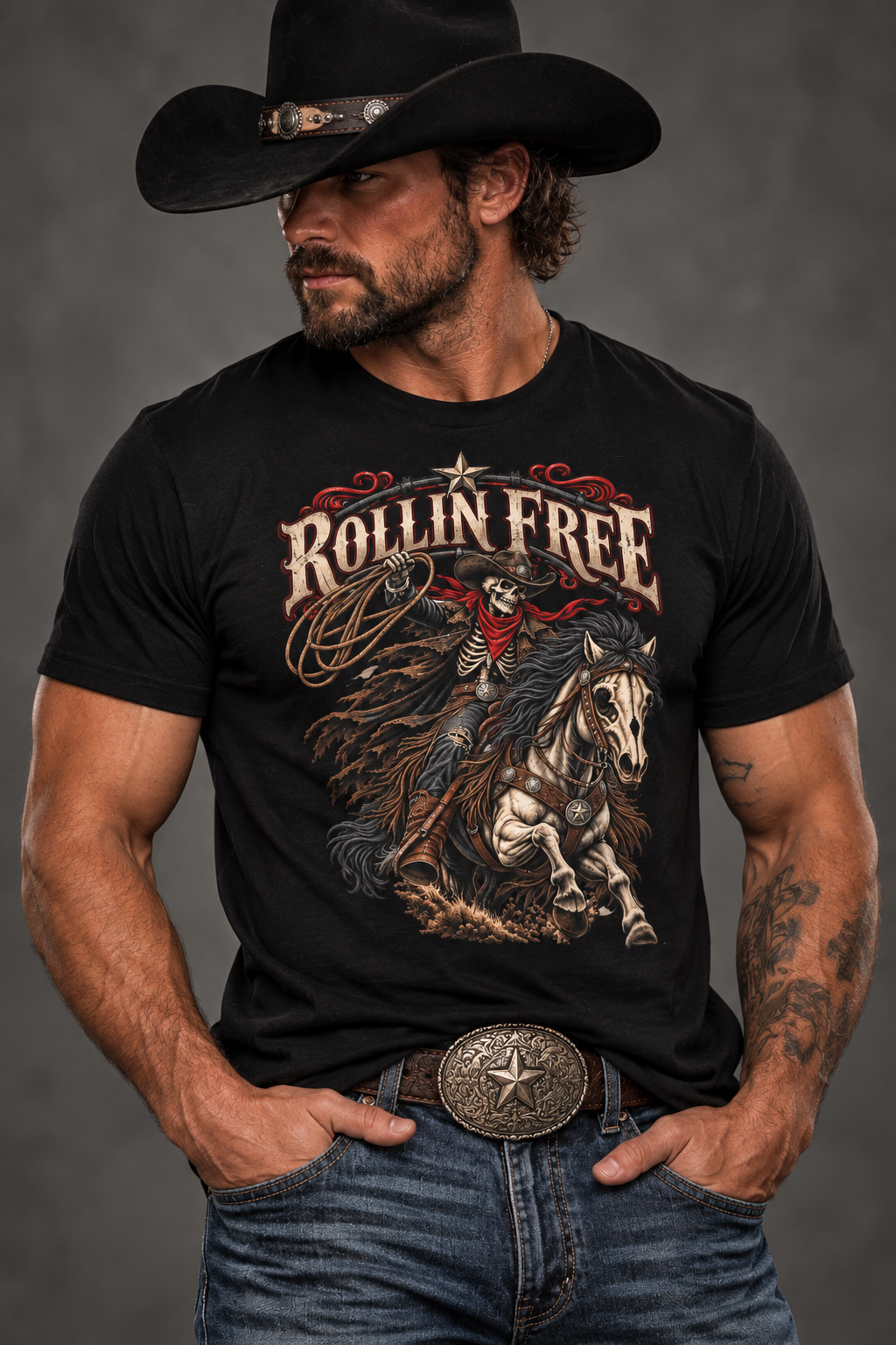 Rollin' Free Skeleton Cowboy Tee — Unisex Western Graphic T-Shirt
