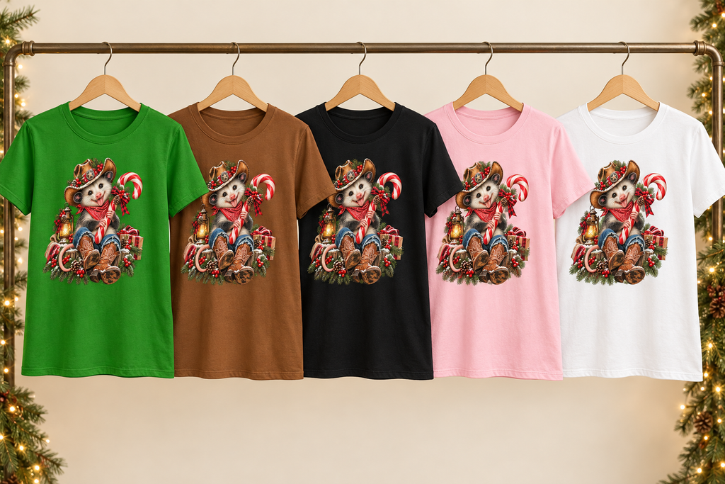 Five Pete the Possum Christmas tees on wooden hangers