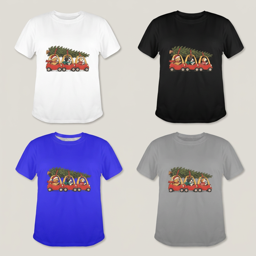 Flat-lay mockups of the Christmas dogs tee in white, black, blue, and gray