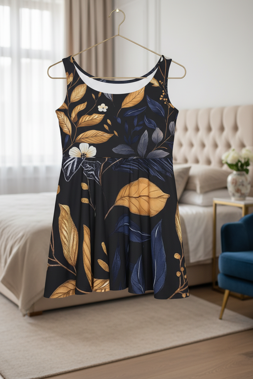 Floral Nightfall Dress on Hanger in Room